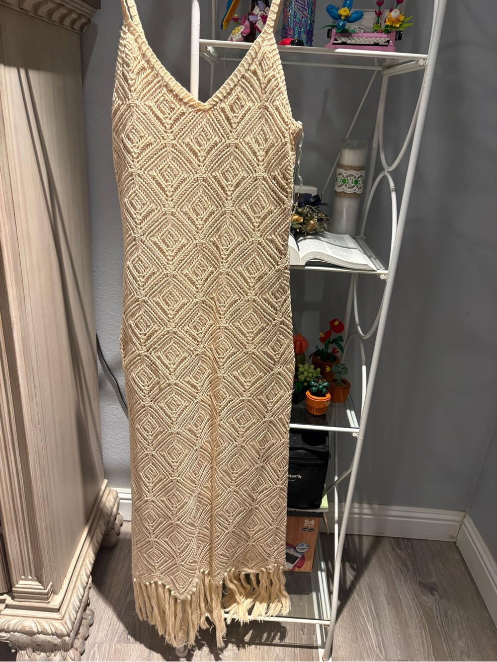 Beige Crochet Fringe Maxi Dress